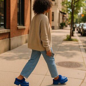 Womens Rouge Blue Faux Fur-Lined Platform Clogs Size 9